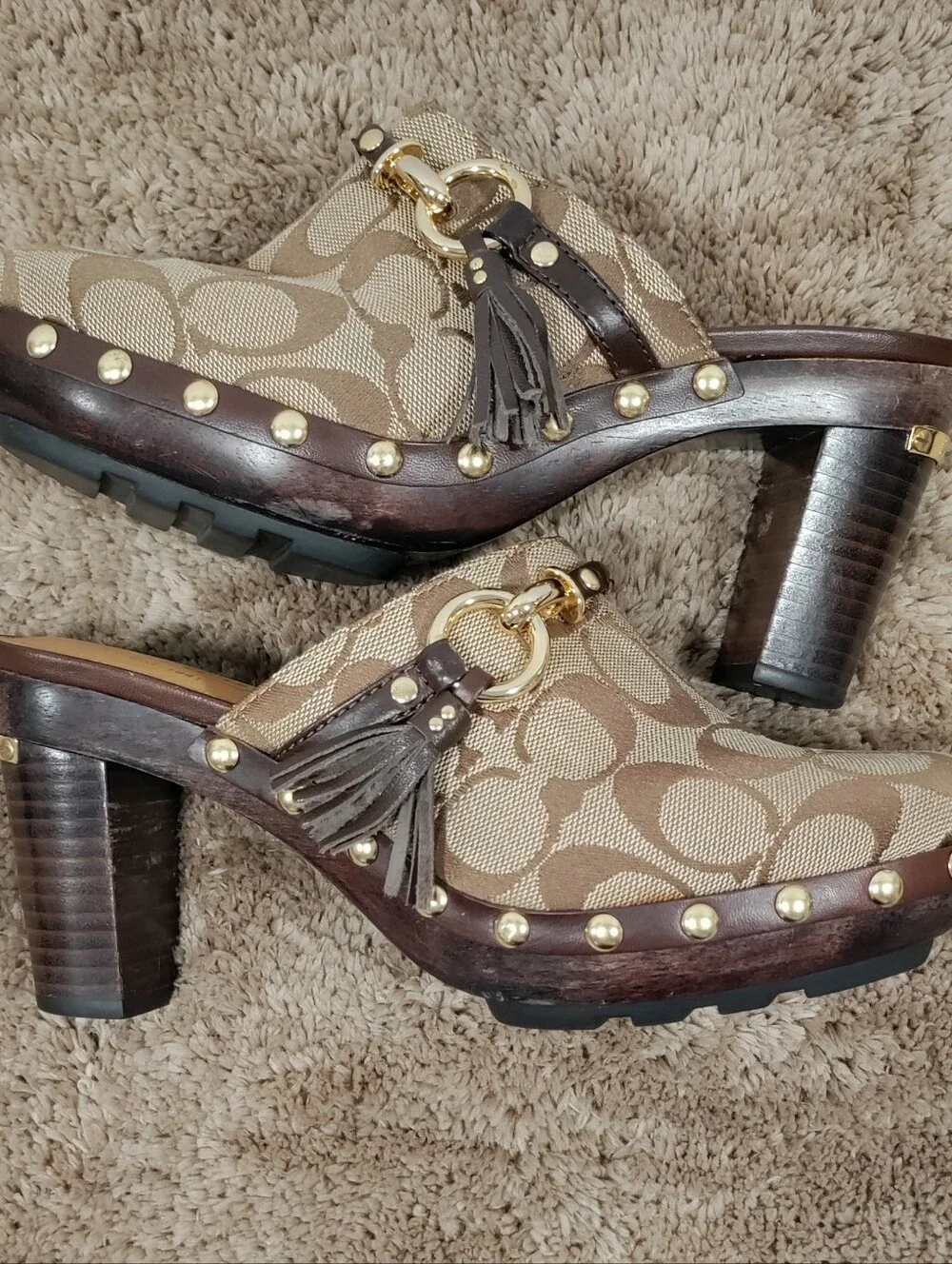 Coach Signature C Jacquard Platform Clog Mules Brown Women’s Size 6.5B